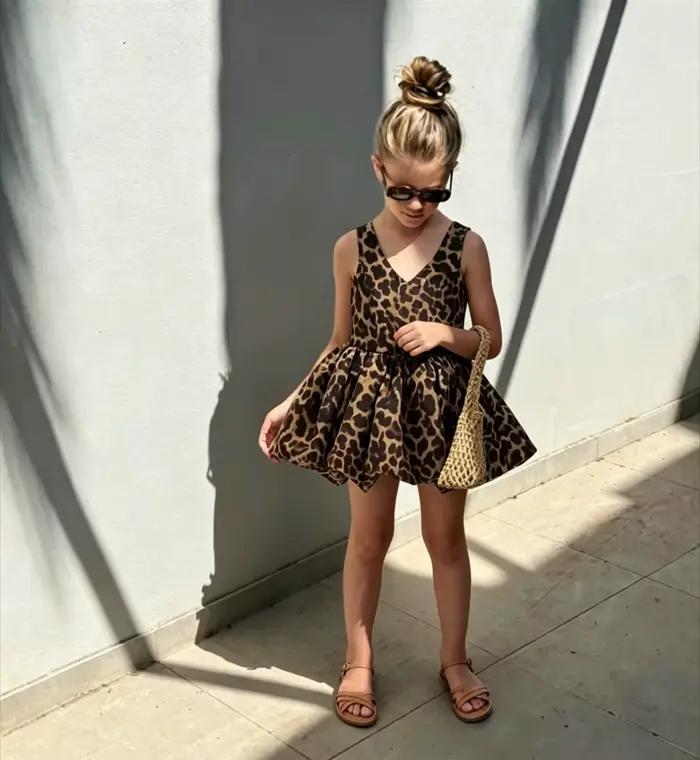 Robe Fille Imprimé Léopard 2026 Nouvelle Collection Été Style Princesse Rétro Jupe Moelleuse
