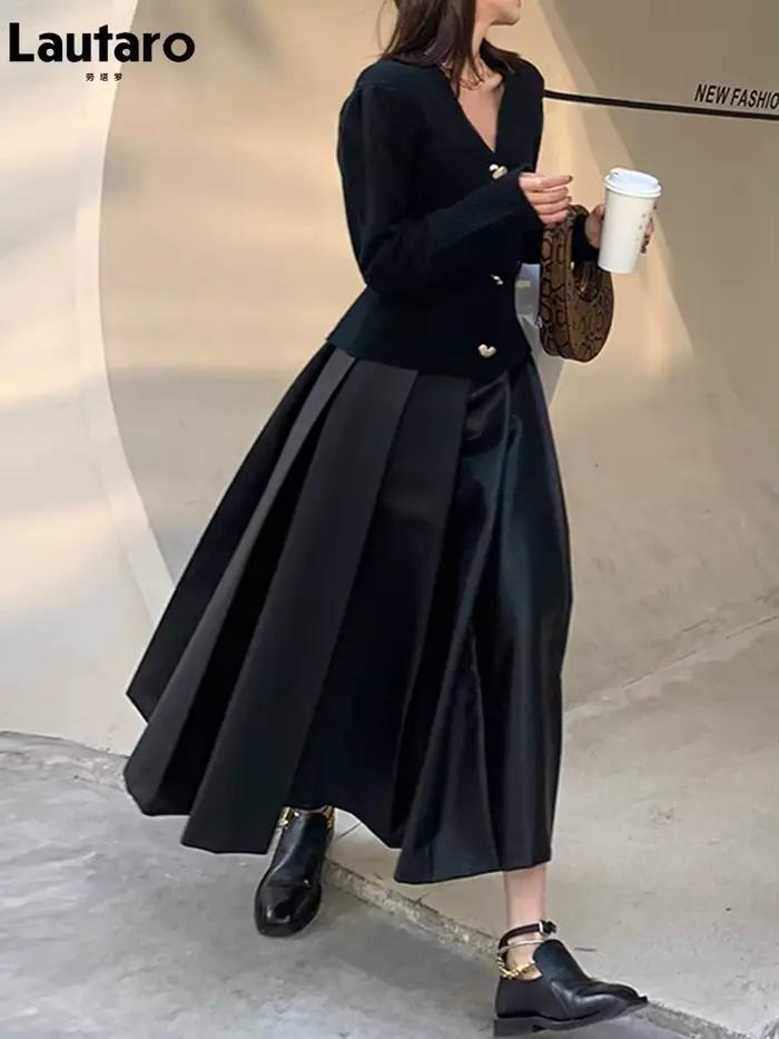 Jupe Mi-Longue Plissée en Faux Cuir Lautaro pour Femmes Occasions Spéciales Mode Coréenne Elégante Bureau Chic