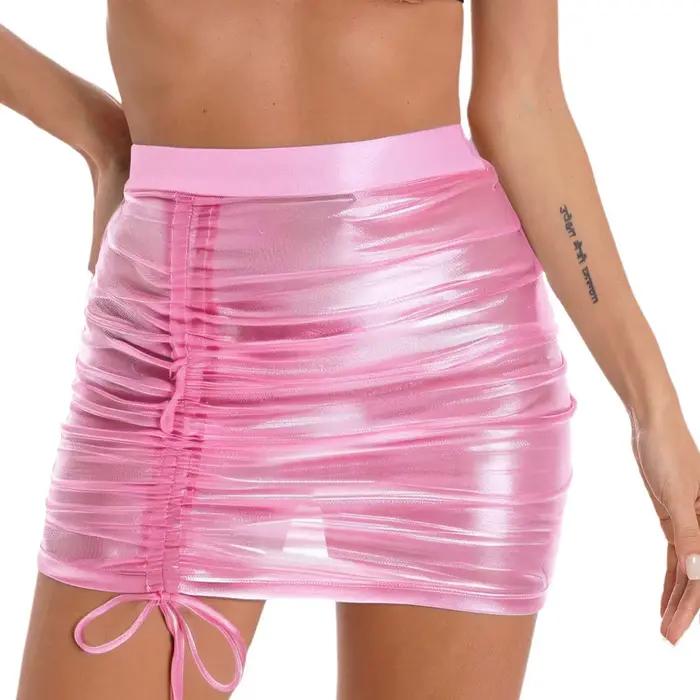 Jupe courte transparente avec cordon de serrage réglable pour femmes, jupe serrée transparente, métallique scintillante, tenue de discothèque, Mini jupe moulante Polyester Organza Design Glamour Occasions Nocturnes