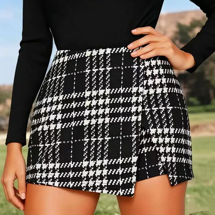 Jupe-short irrégulière taille haute pied-de-poule noir et blanc pour femme