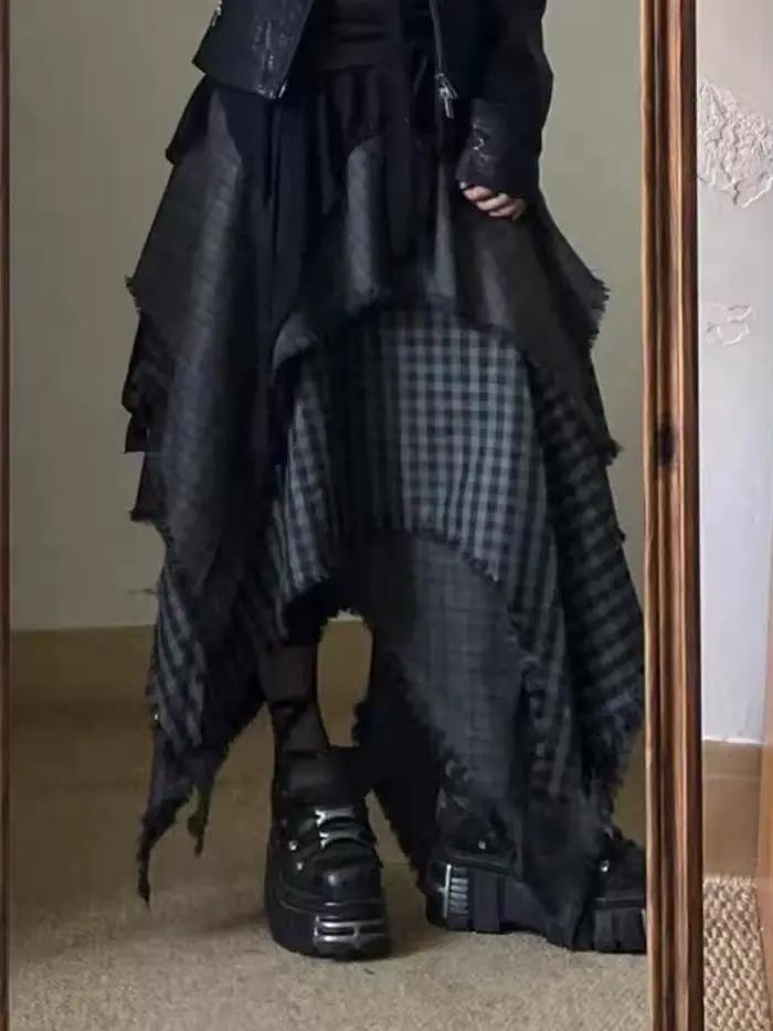 Jupe femme à carreaux irréguliers 2025 Faldas Mujer De Moda taille haute a-ligne glands