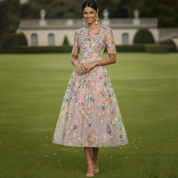 Robe de cocktail rose personnalisée pour invitée de mariage, manches mi-longues, col rond, élégante, décontractée, formelle, en tulle avec broderies et appliques