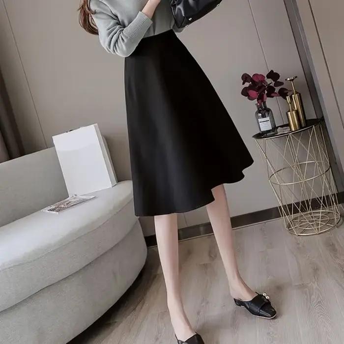 Vinatge Faux daim jupe pour femmes automne hiver une ligne taille haute jupes femme couleur unie genou longueur