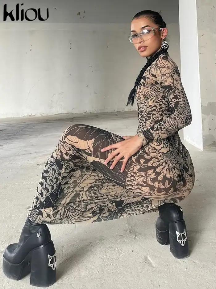 Kliou – Robe Maxi en maille imprimée Vintage pour femmes