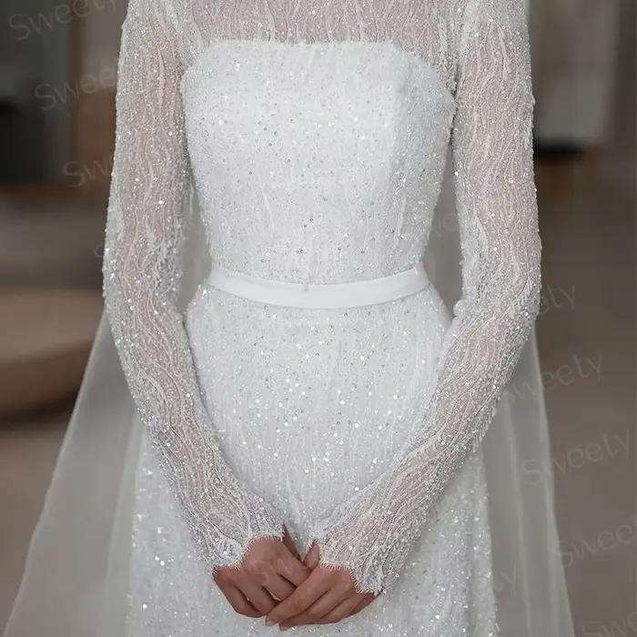 Robe de Mariée en Dentelle Brodée à Manches sulfet Col Haut