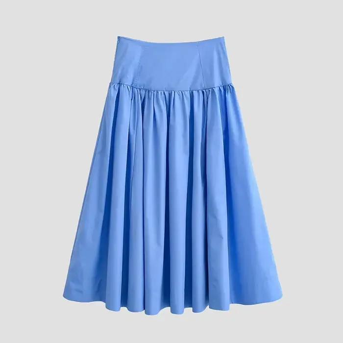 YENKYE Nouvelle jupe plissée bleue taille haute évasée pour femme
