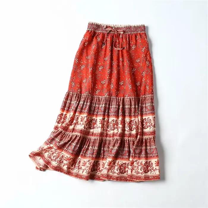 Hippie Queens femmes gothique Floral paon imprimé taille haute élastique plage bohème jupe dames a-ligne Midi Boho jupes