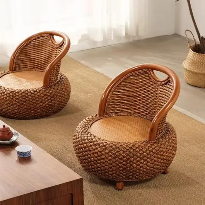 Chaise d'appoint ronde en rotin tissé, siège de sol confortable avec dossier, Pouf confortable pour balcon et salon