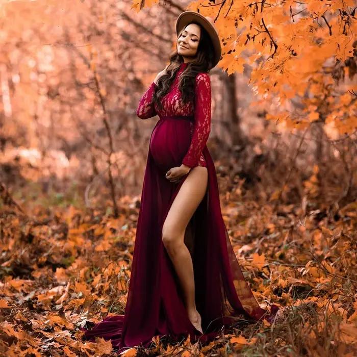 Robes de maternité pour séance Photo, body à manches longues + robe Maxi de grossesse à fente haute, robe en mousseline de soie, photographie de réception-cadeau pour bébé