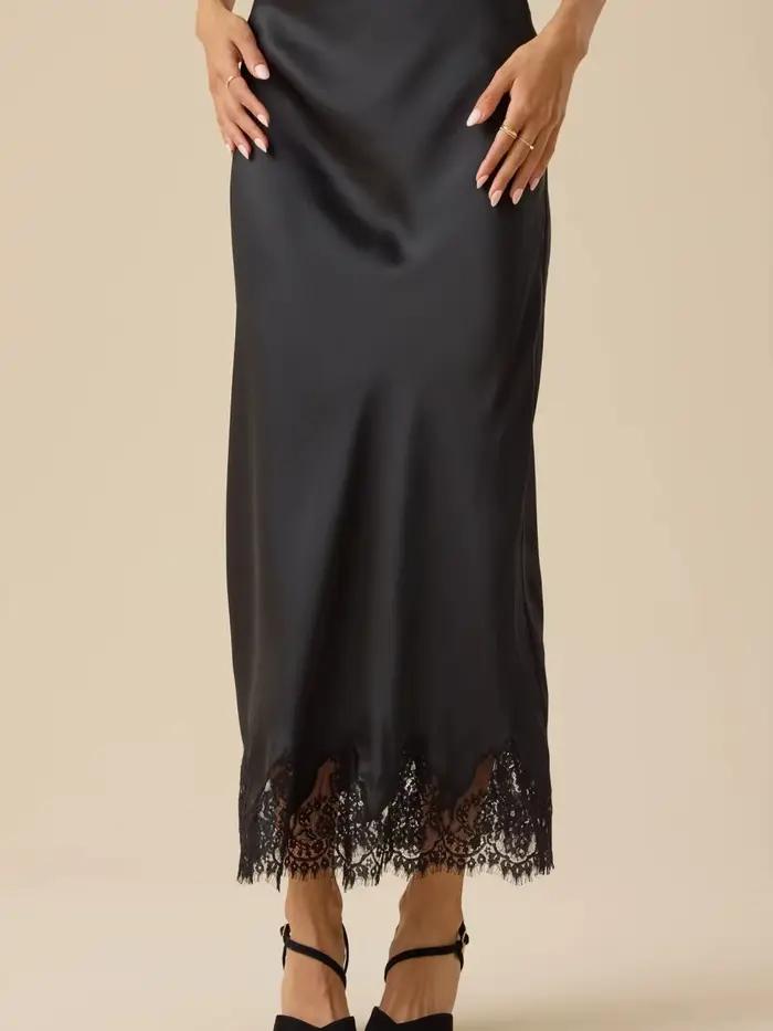 Femmes demi-glissement jupes longues dentelle garniture Satin jupe Midi une ligne fluide soyeux Maxi