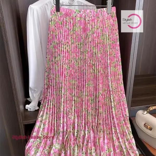 Jupe plissée florale rose japonaise femme été nouvelle mode taille haute