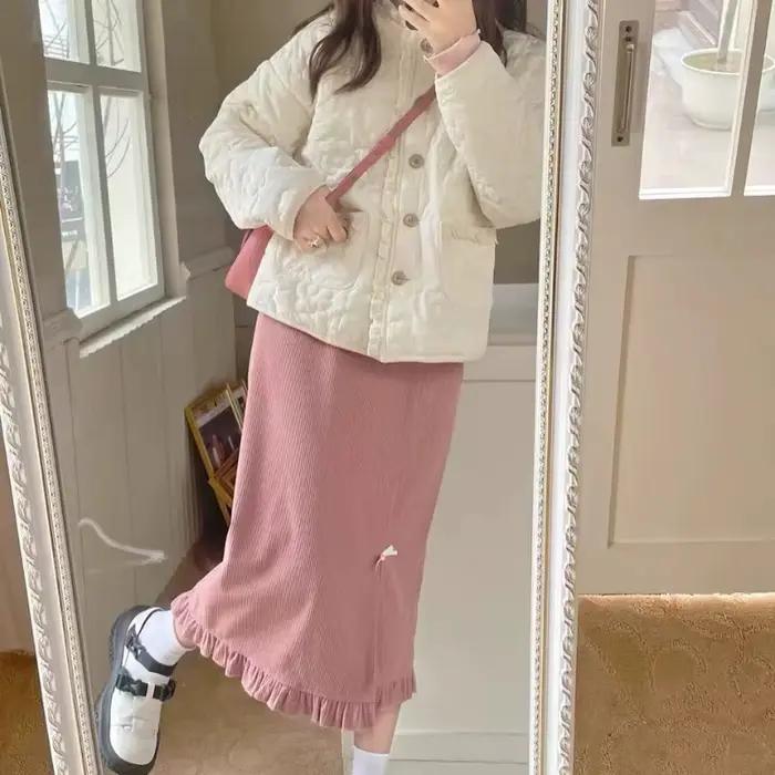 Jupe Estceque Rose Ample Fendue Pour Femmes Junior Style Préppy Occasions Automne Hiver