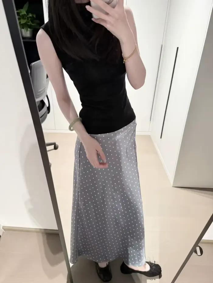 Jupe longue mi-longue à pois taille haute en satin fluide pour femme ETJ