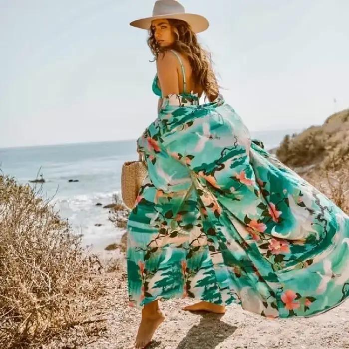 Kimono long pour femme 2025 – Cache-maillot de bain rose imprimé bohème avec ceinture intégrée, paréo ouvert sur le devant, robe de plage, tunique pour femme