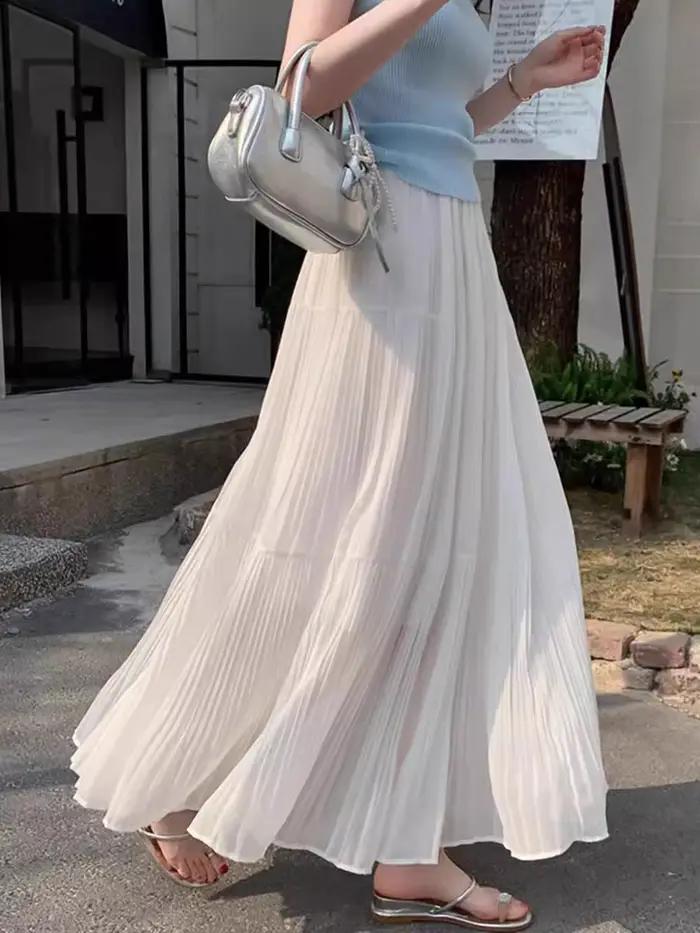 Été 2025 jupe longue plissée en mousseline de soie à plusieurs niveaux fille fluide a-ligne taille haute