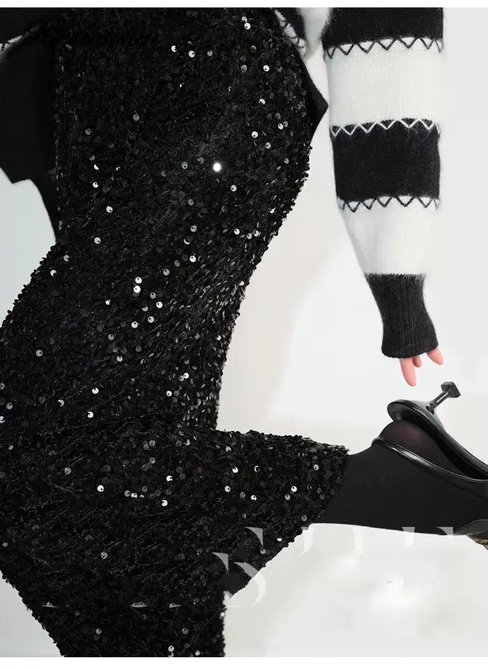 Hirsionsan-Jupe à paillettes taille haute pour femme