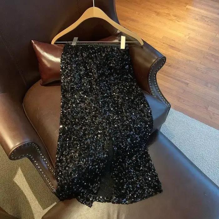 Chic noir et argent Paillettes Jupe Midi Style coréen Юбки Faldas Mujer