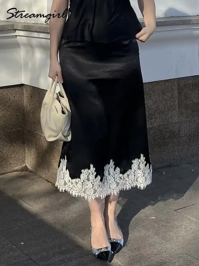 Jupe midi en satin avec dentelle marron pour femme