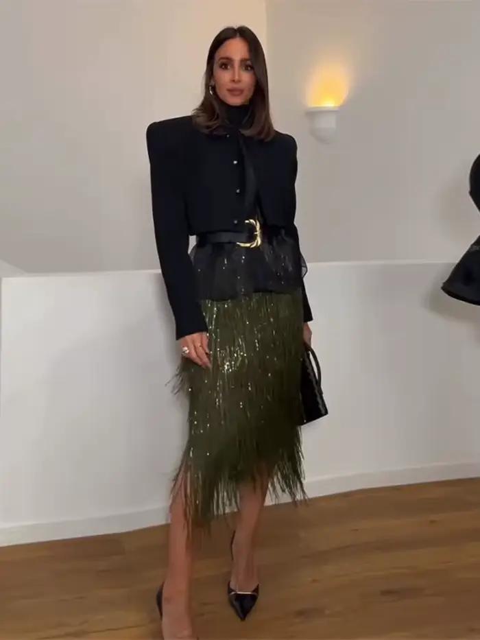 Chic gland paillettes jupe longue irrégulière femmes taille haute a-ligne jupes décontractées 2025 été automne dame brillant rue fête vêtements