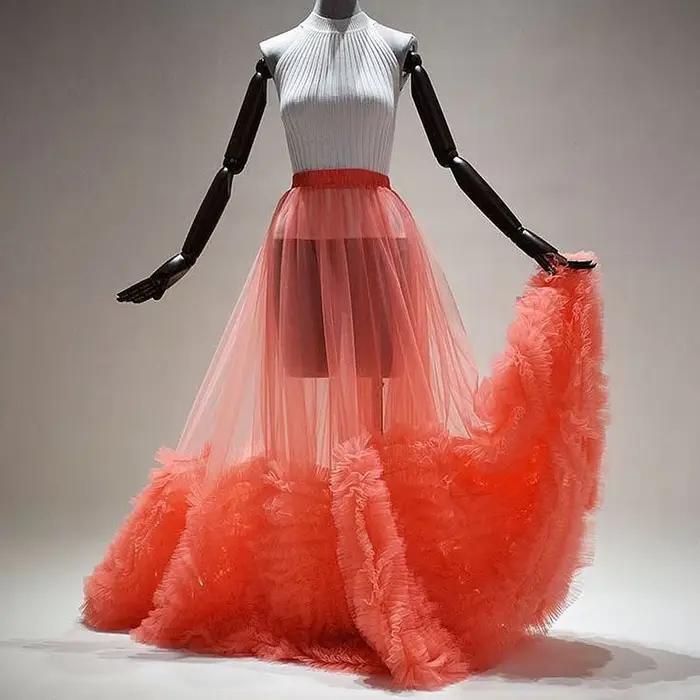 Jupe en tulle transparente à volants pastèque pour séance photo, mariage, anniversaire ou comme jupon女性长裙透明雪纺荷叶边设计,适合拍照、婚礼或生日派对使用