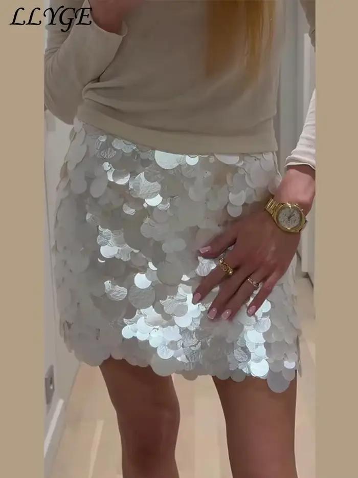 Jupe mini sexy à sequins pour femmes style Y2K haute taille coupe trapèze soirée plage printemps été 2026