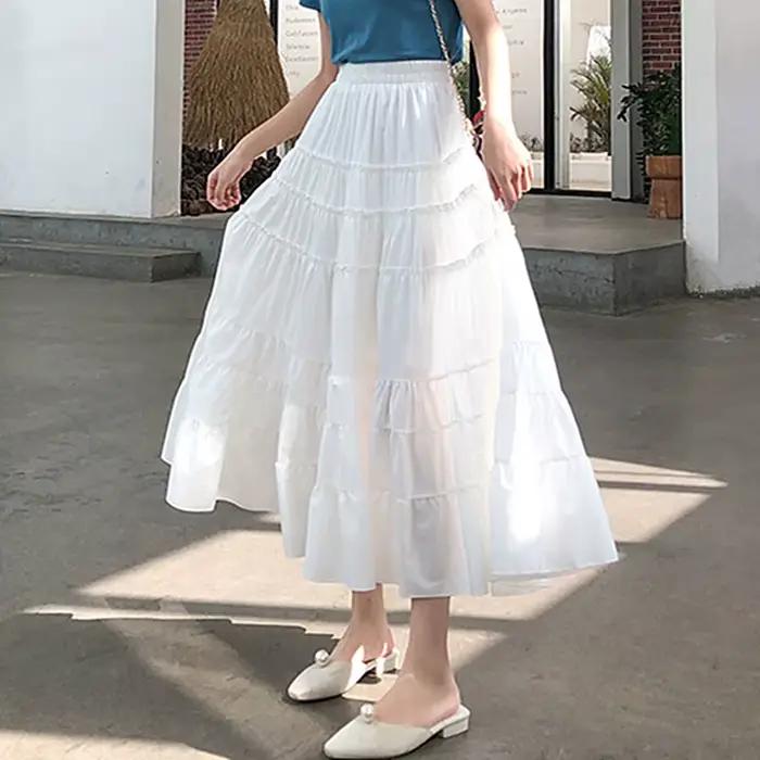 Jupe mi-longue Qiukichonson en mousseline de soie, décontractée et mignonne, idéale pour l'été, printemps et automne, blanche ou noire, avec volants et froufrous, pour femmes, occasions spéciales et quotidienne