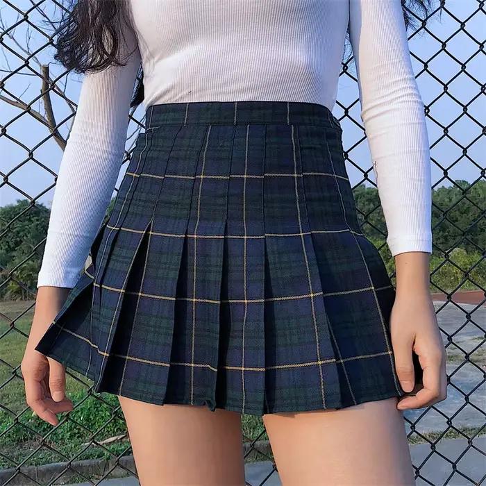 Jupe plissée à carreaux taille haute pour femmes