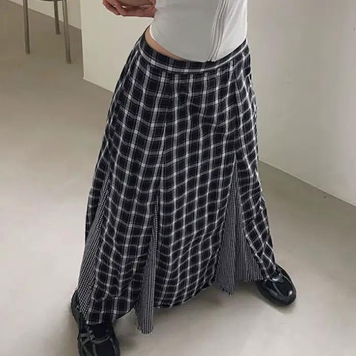 Femmes Plaid jupe longue rétro épissage taille haute