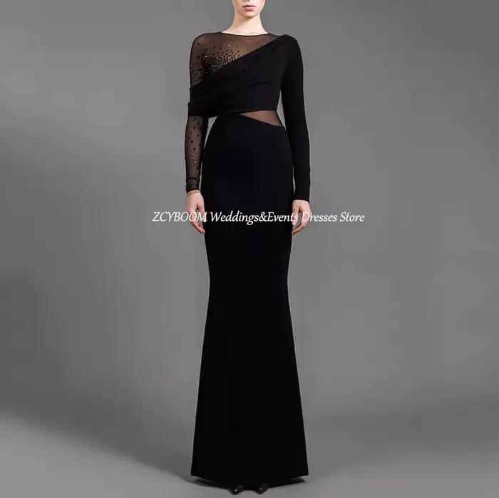 Robe de soirée élégante noire à manches longues ornée de strass, style sirène, longueur ras du sol, en velours, avec fermeture éclair, sur mesure, pour femme, collection 2026