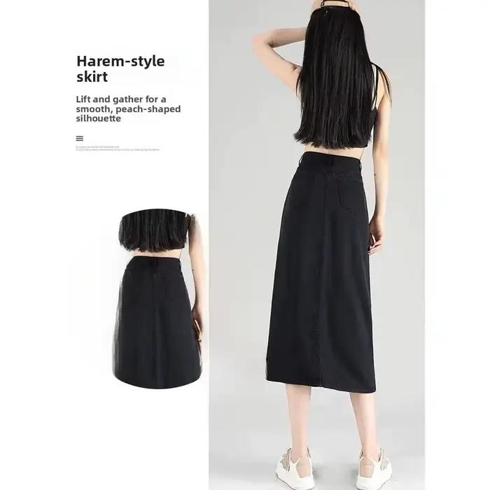 Jupe mi-longue en jean noir New Tang taille haute décontractée pour femmes été voyage style frais et élégant polyvalent occasions spéciales