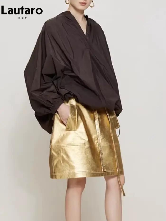 Lautaro – jupe en Faux cuir doré brillant pour femmes