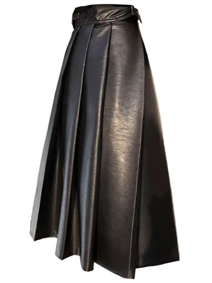 Jupe Mi-Longue Plissée en Faux Cuir Lautaro pour Femmes Occasions Spéciales Mode Coréenne Elégante Bureau Chic