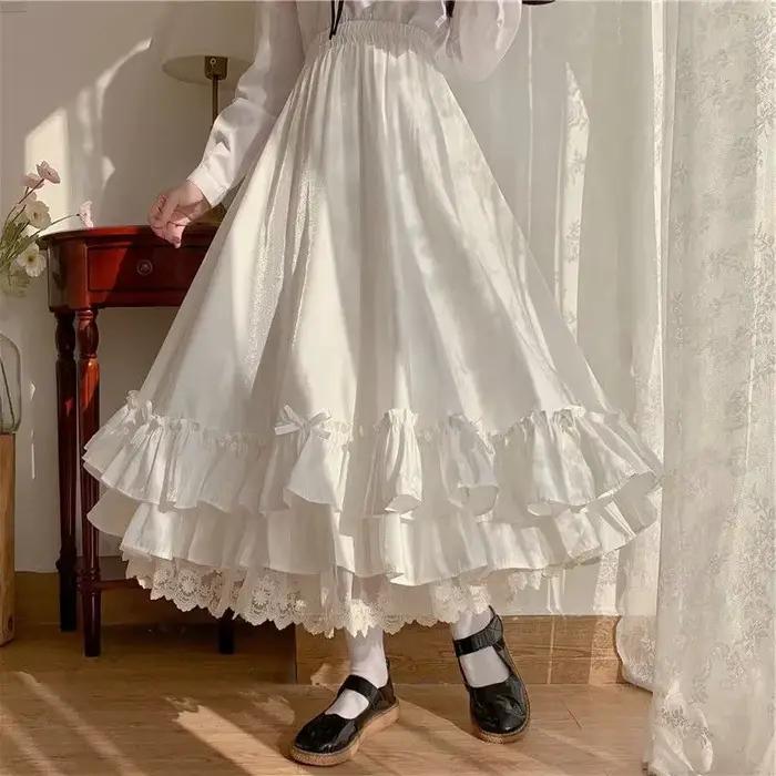 Mode douce jupe Midi femmes dentelle Patchwork nœud Preppy automne jupes décontractées amples japonaises à volants