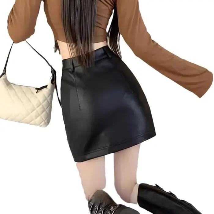 Mini jupe en cuir PU noir taille haute pour femmes