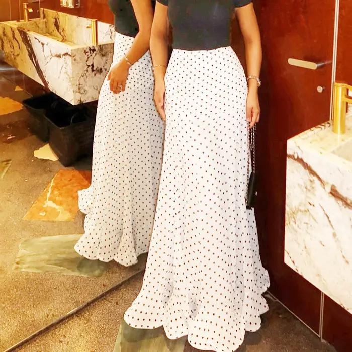 Femmes à pois imprimé jupes longues élégant taille haute queue de poisson ourlet fluide a-ligne