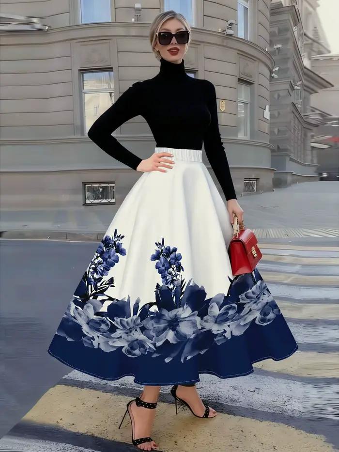 Jupe plissée mi-longue décontractée taille haute pour femme