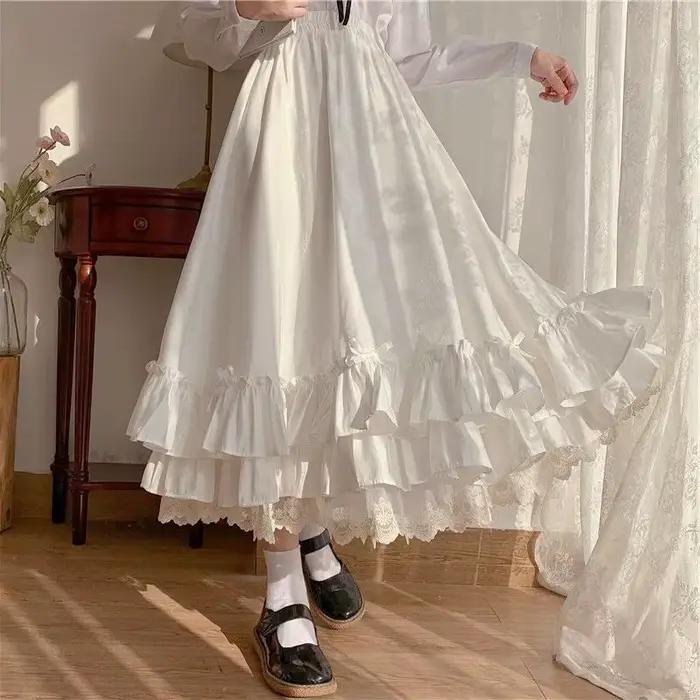 Mode douce jupe Midi femmes dentelle Patchwork nœud Preppy automne jupes décontractées amples japonaises à volants