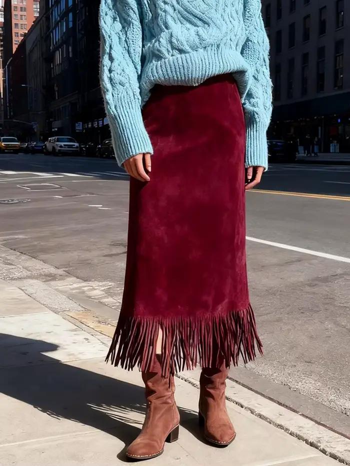 Rétro daim cuir jupe longue automne hiver femmes jupes à franges haute rue minceur solide élégant dame mode