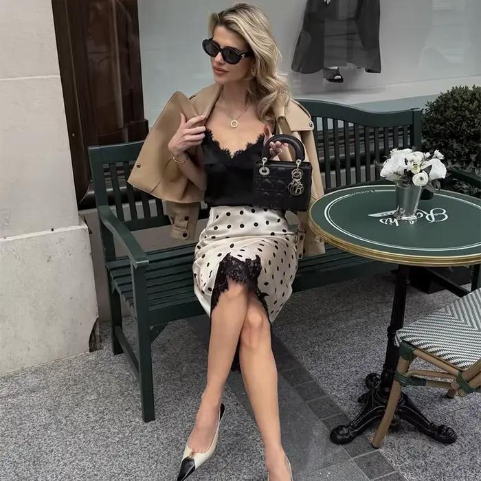 Jupe TARUXY en satin à empiècements en dentelle pour femmes, élégante, à pois, coupe droite mi-longue, pour printemps et été, bureau et soirées