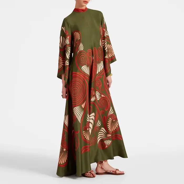 Robe longue ethnique rétro imprimée style Boho pour femmes, Sexy, col montant, à lacets, robe de soirée, manches longues, ample, Maxi, automne
