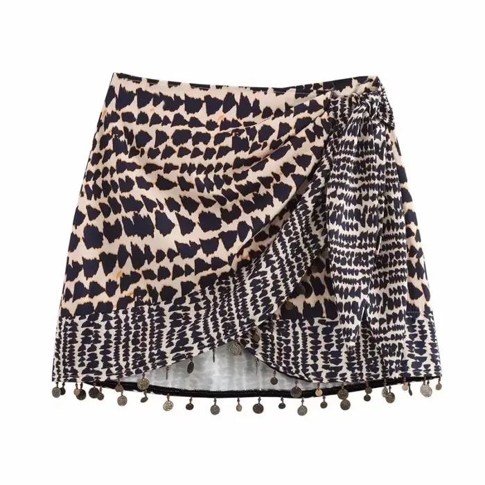 Jupe mini asymétrique sexy à imprimé léopard pour femme 2026 avec taille à nouer et ourlet à franges métalliques pour soirée et tenue de ville