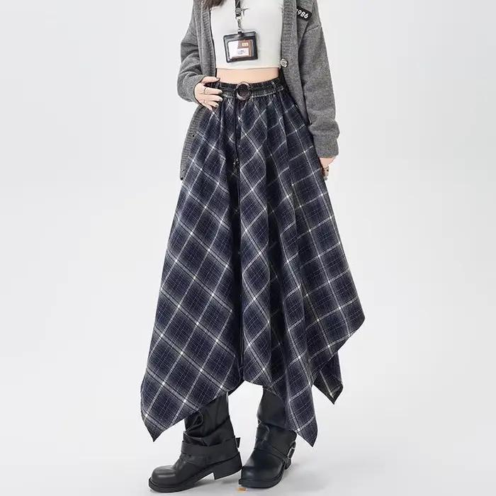 Jupe à carreaux taille haute élastique pour femmes