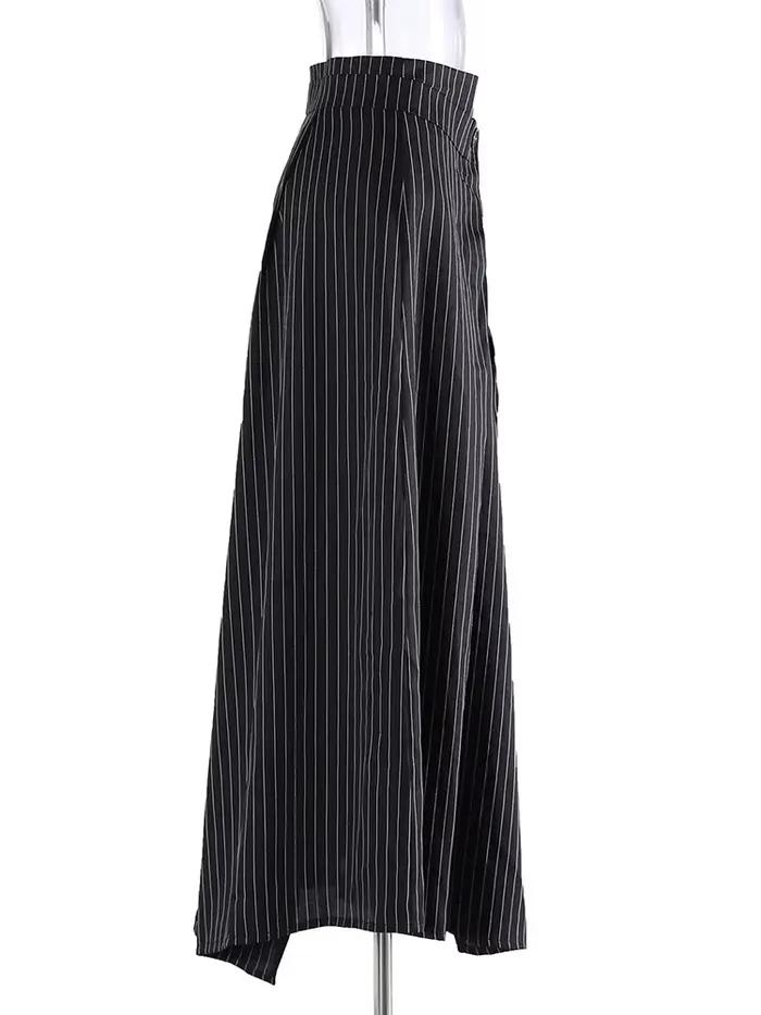 EAM Jupe Mi-Longue Plissée Ir régulière Élégante à Rayures Grises Taille Haute Pour Femmes Bureau Occasions Spéciales Polyester Coton