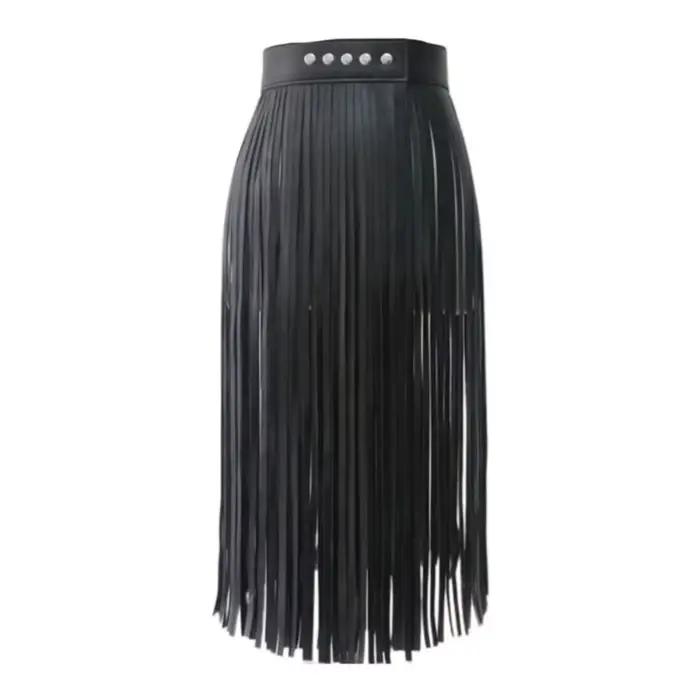 Jupe longue à franges en similicuir, taille haute, style punk rock, avec ceinture ajustable, style bohème, pour costume ou tenue de club