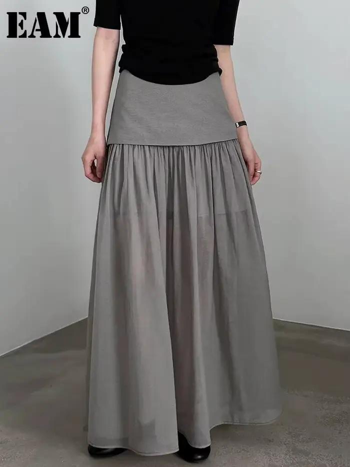 Jupe longue trapèze élégante à taille haute en maille grise et blanche pour femme, nouvelle collection printemps automne 2026, décontractée et polyvalente