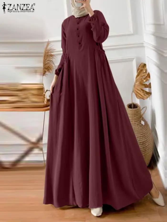 ZANZEA Eid Mubarek Abaya Robe longue musulmane femmes à manches longues Maxi Robe d'été Robe Femme turquie Hijab robes vêtements islamiques
