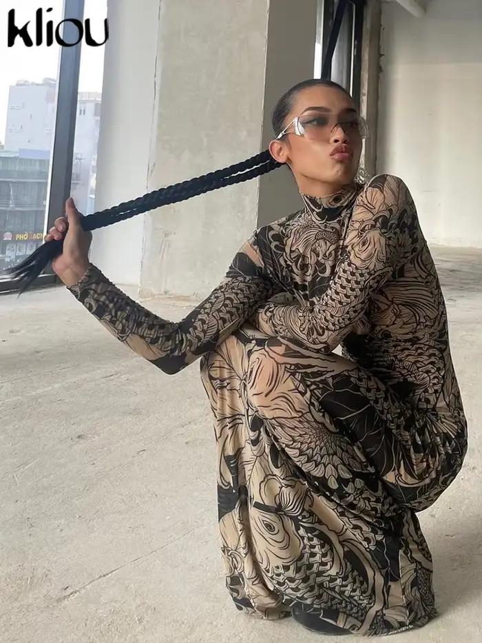 Kliou – Robe Maxi en maille imprimée Vintage pour femmes