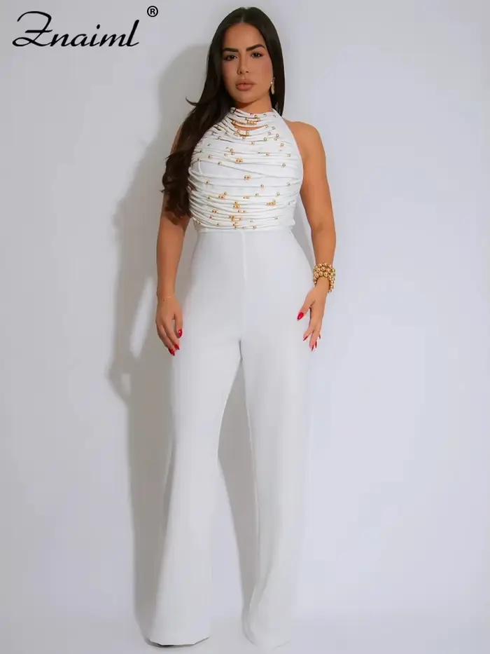 Znaiml combinaisons longues élégantes pour les femmes été sans manches licou à lacets dos nu pansement pantalon à jambes larges barboteuses une pièce 2025