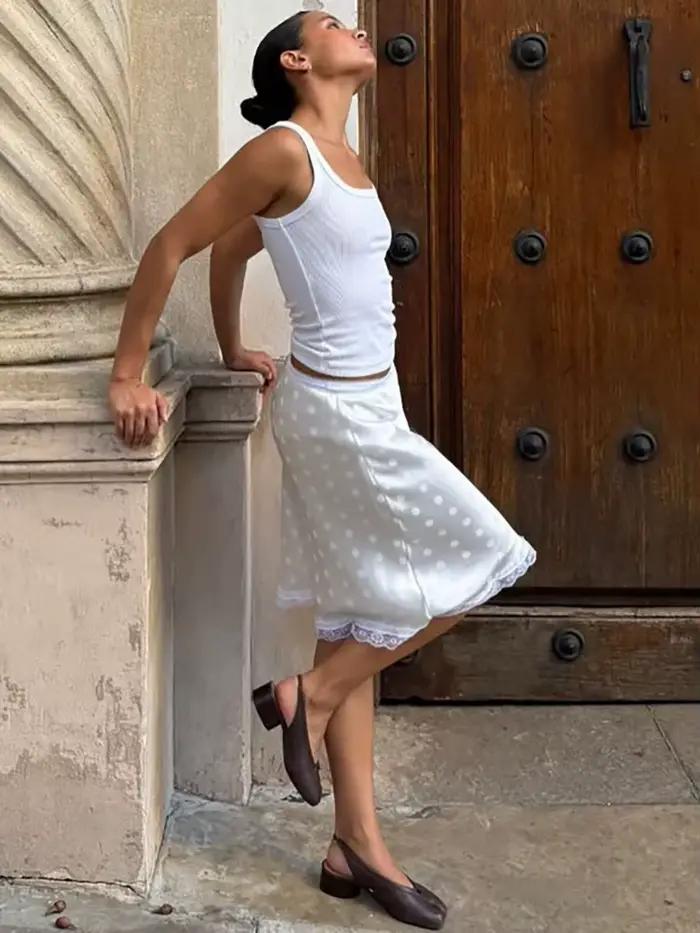 Jupe Courte Femme JULISSA MO Patchwork Dentelle Imprimée Pois Taille Haute Coupe Évasée Blanche Nouvelle Collection Printemps Décontractée Soirée Streetwear 2026