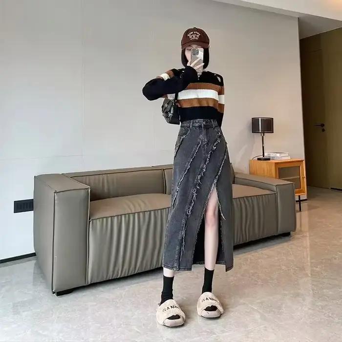 Jupe mi-longue évasée taille haute amincissante avec franges asymétriques pour femme